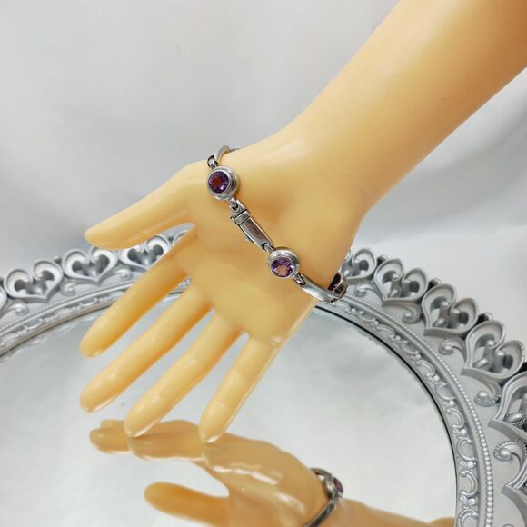 Vtg BOMA Sterling Silver 925 Natural Amethyst Link Bracelet - Picture 8 of 12